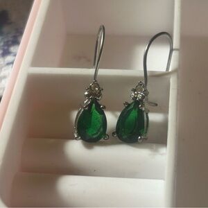 Emerald Teardrop Dangle Earrings - Green Gemstone Silver